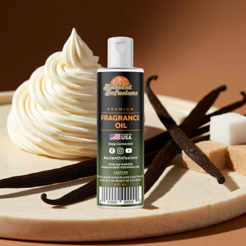 Vanilla Fragrance Oil bottle surrounded by vanilla beans and cream, ideal for candles, soaps, and diffusers.