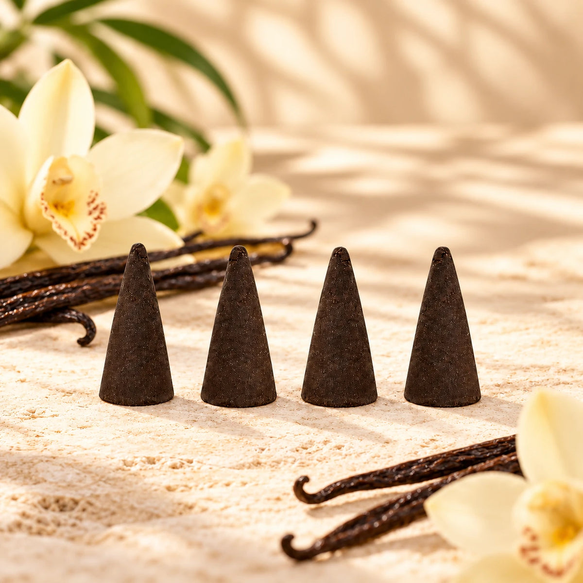 Vanilla Incense Cones with vanilla pods and flowers.