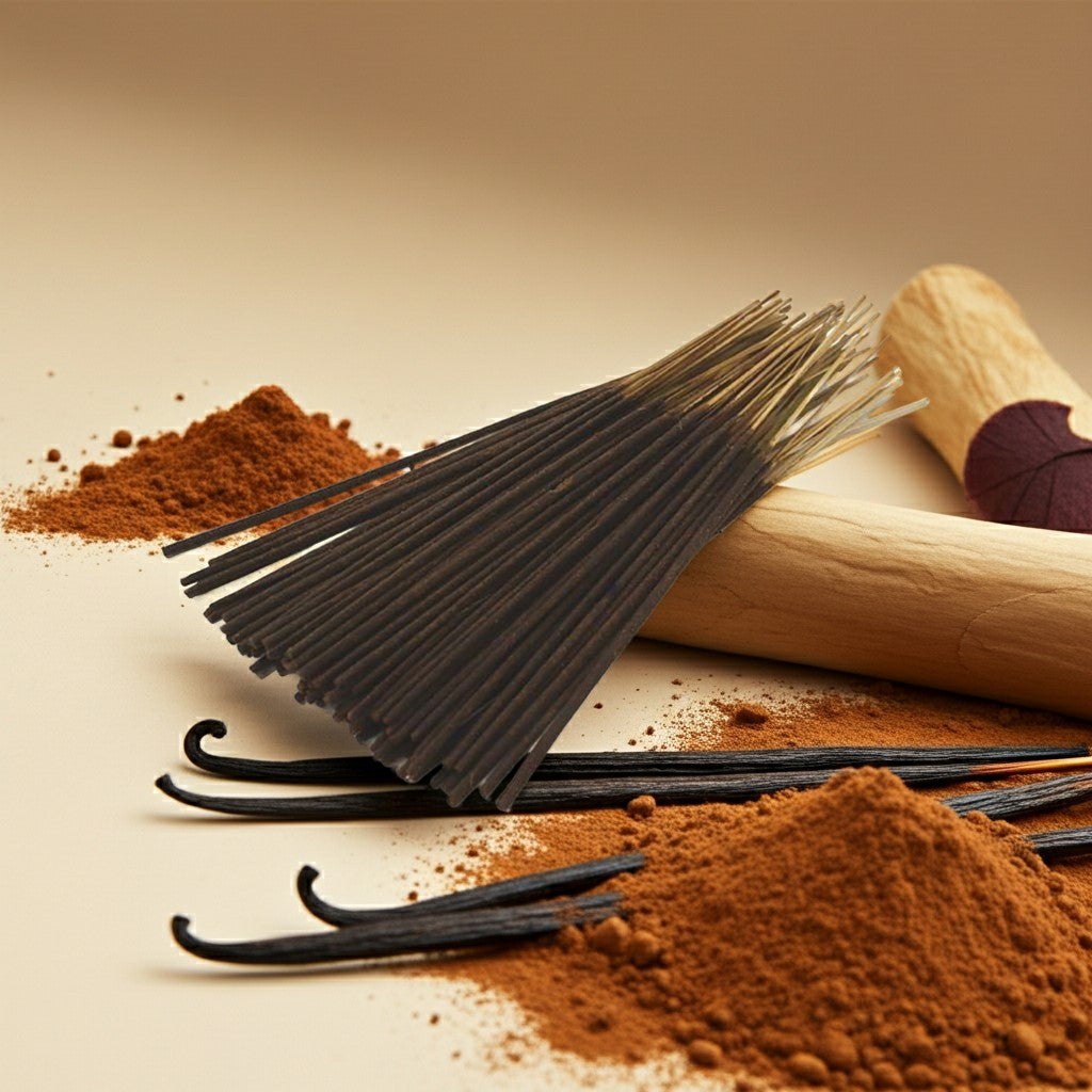 Vanilla Incense Sticks on top of wood with vanilla and powder around