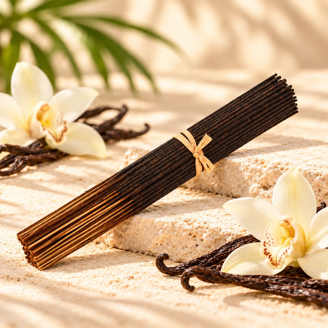 Vanilla Incense Sticks with vanilla pods and flowers.