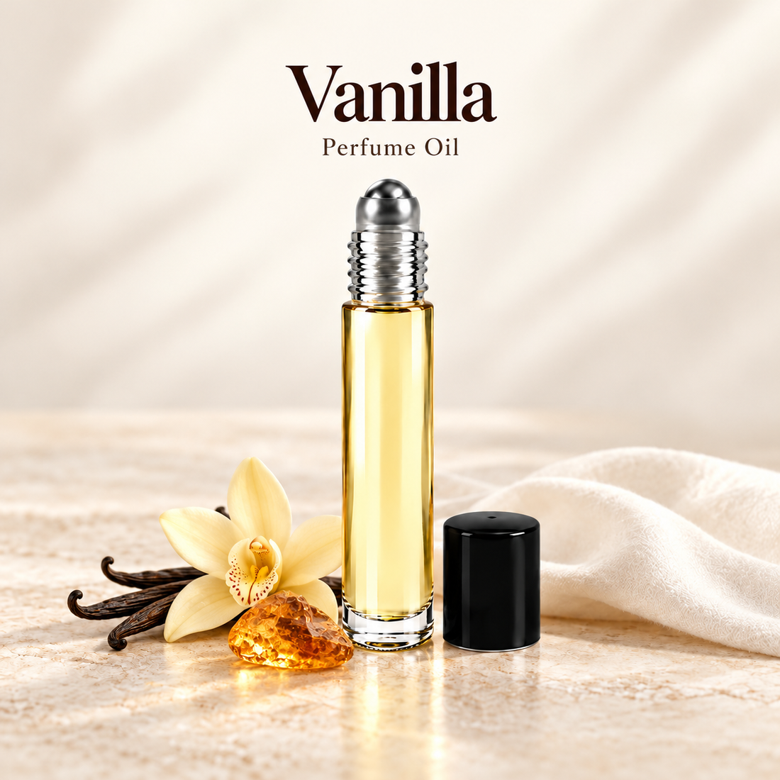 Vanilla Perfume Oil with simple scent note accents on soft ivory