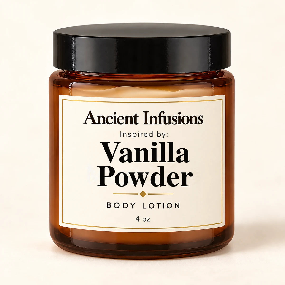 Vanilla Powder Inspired Body Lotion by Ancient Infusions — 4 oz amber glass jar