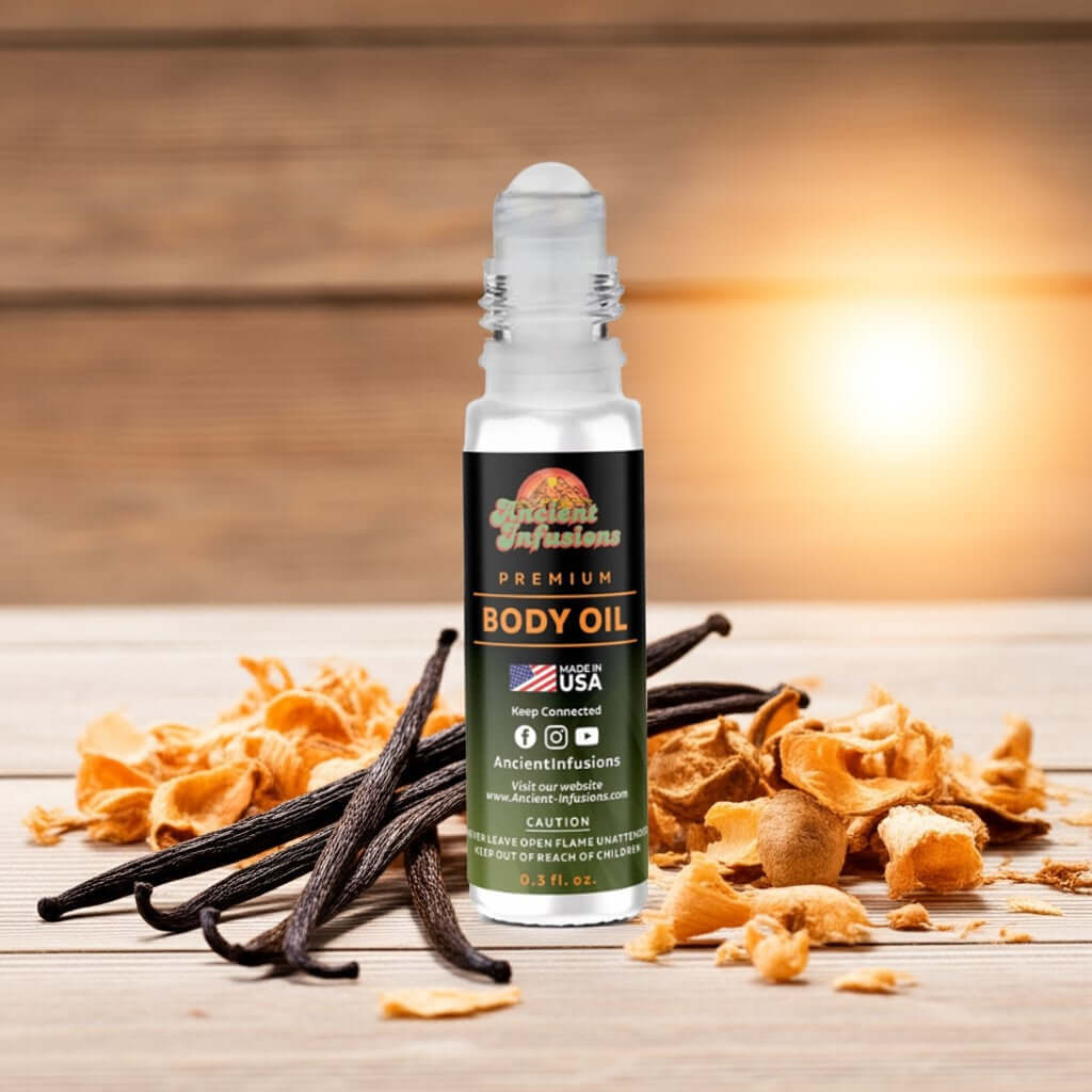 The 7 Virtues Vanilla Woods Inspired Body Oil with Madagascar vanilla and amber scent, alcohol-free, 0.5 fl oz.