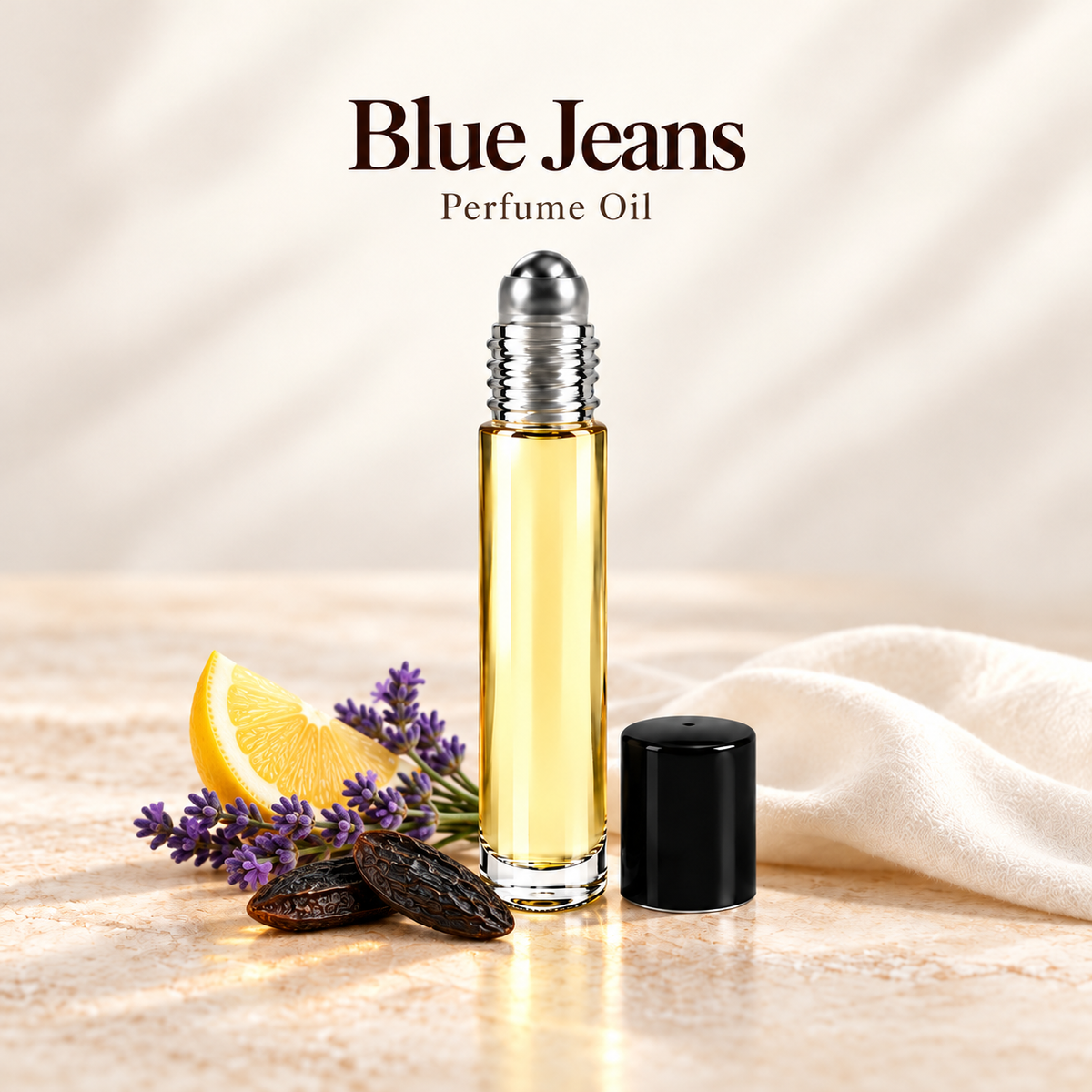 Versace Blue Jeans Perfume Oil with simple scent note accents on soft ivory
