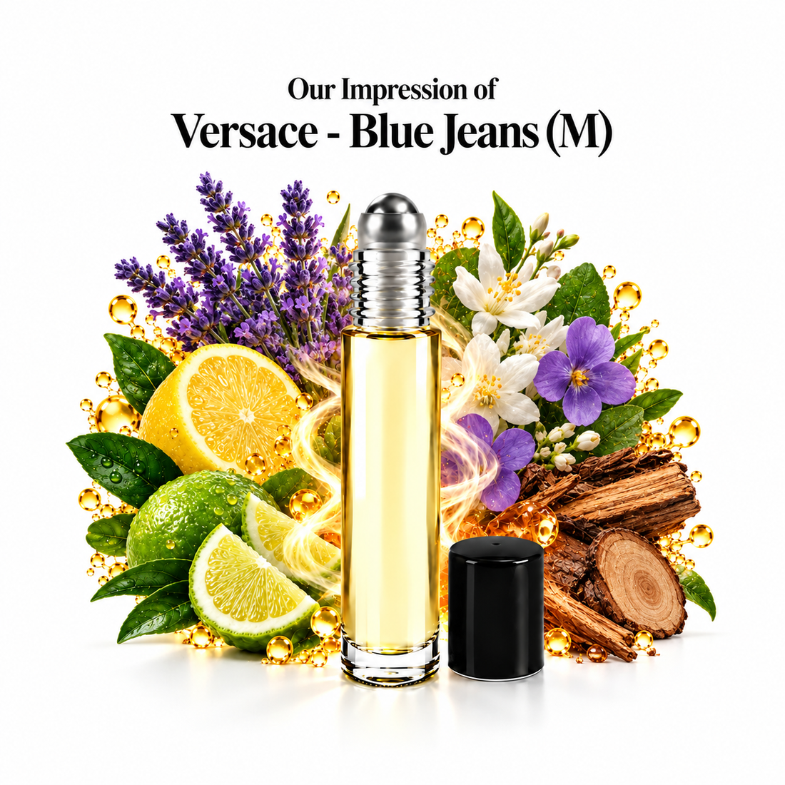 Versace Blue Jeans Perfume Oil roll-on with scent-note imagery