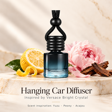 Hanging car diffuser inspired by Versace Bright Crystal, with scent illustrations on warm ivory stone