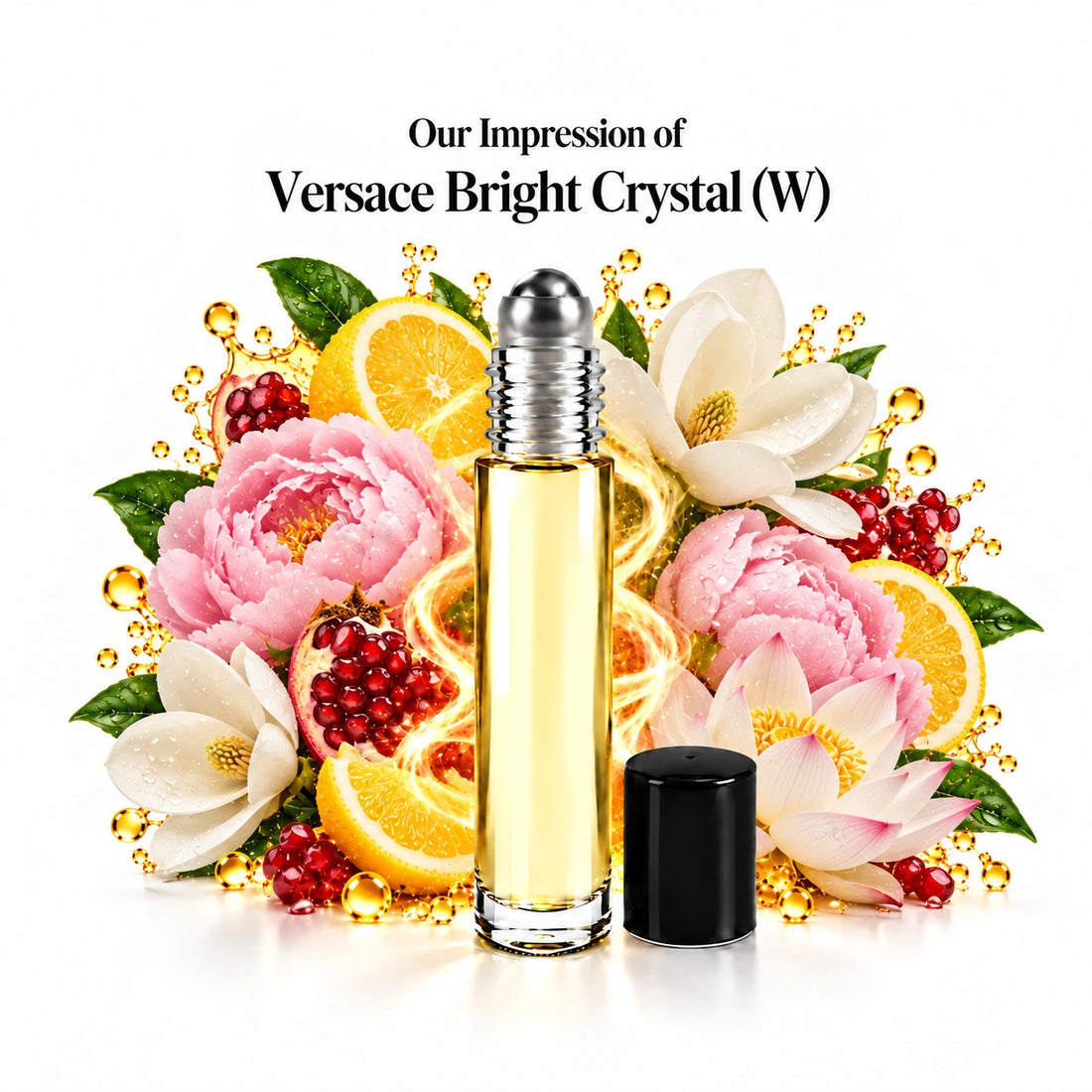 Our impression of Versace Bright Crystal perfume oil with fragrance notes on white