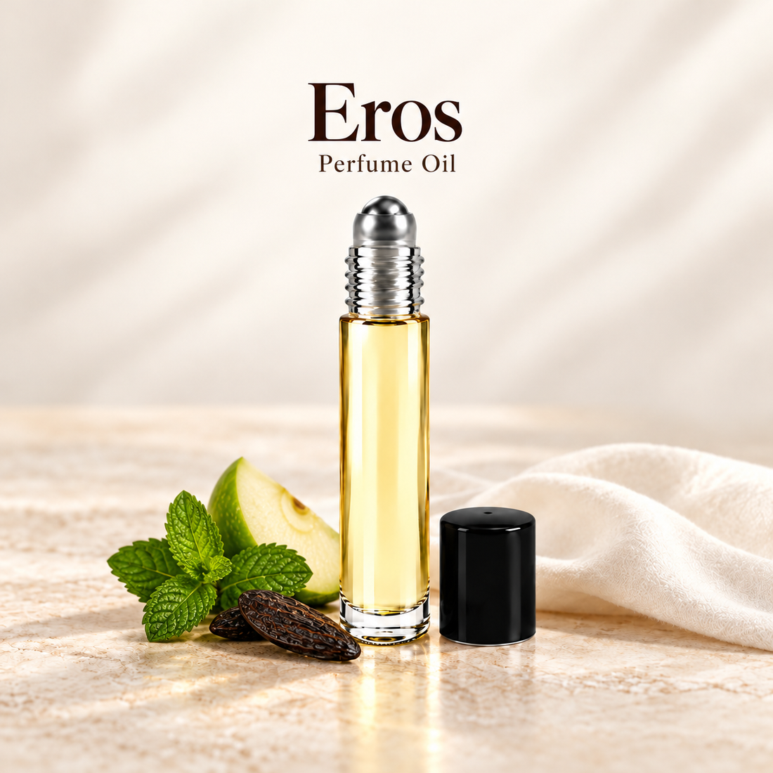 Versace Eros Perfume Oil with simple scent note accents on soft ivory