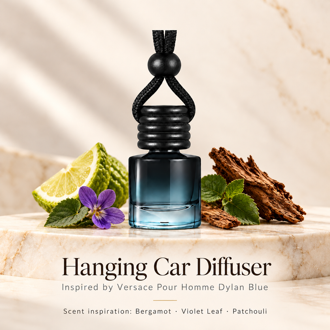 Hanging car diffuser inspired by Versace Pour Homme Dylan Blue, with scent illustrations on warm ivory stone