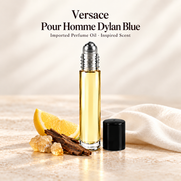 Versace Pour Homme Dylan Blue Perfume Oil with minimal scent note accents on soft ivory