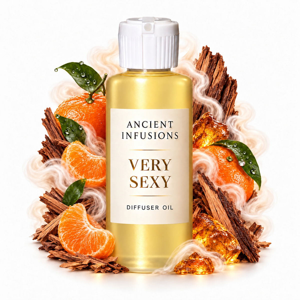 Very Sexy Diffuser Oil by Ancient Infusions with golden oil, white cap and matching scent artwork