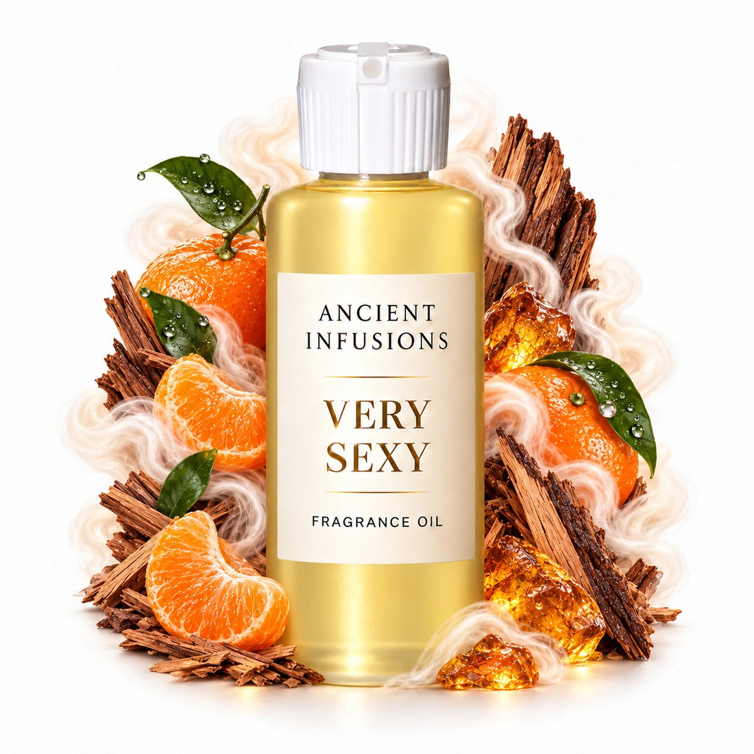 Very Sexy fragrance oil by Ancient Infusions, with pale yellow oil and a tight halo representing tangerine, cedarwood, amber.