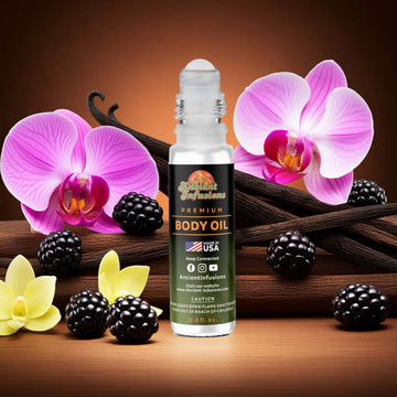 Very Sexy Inspired Body Oil bottle with floral and berry accents, highlighting premium fragrance blend.