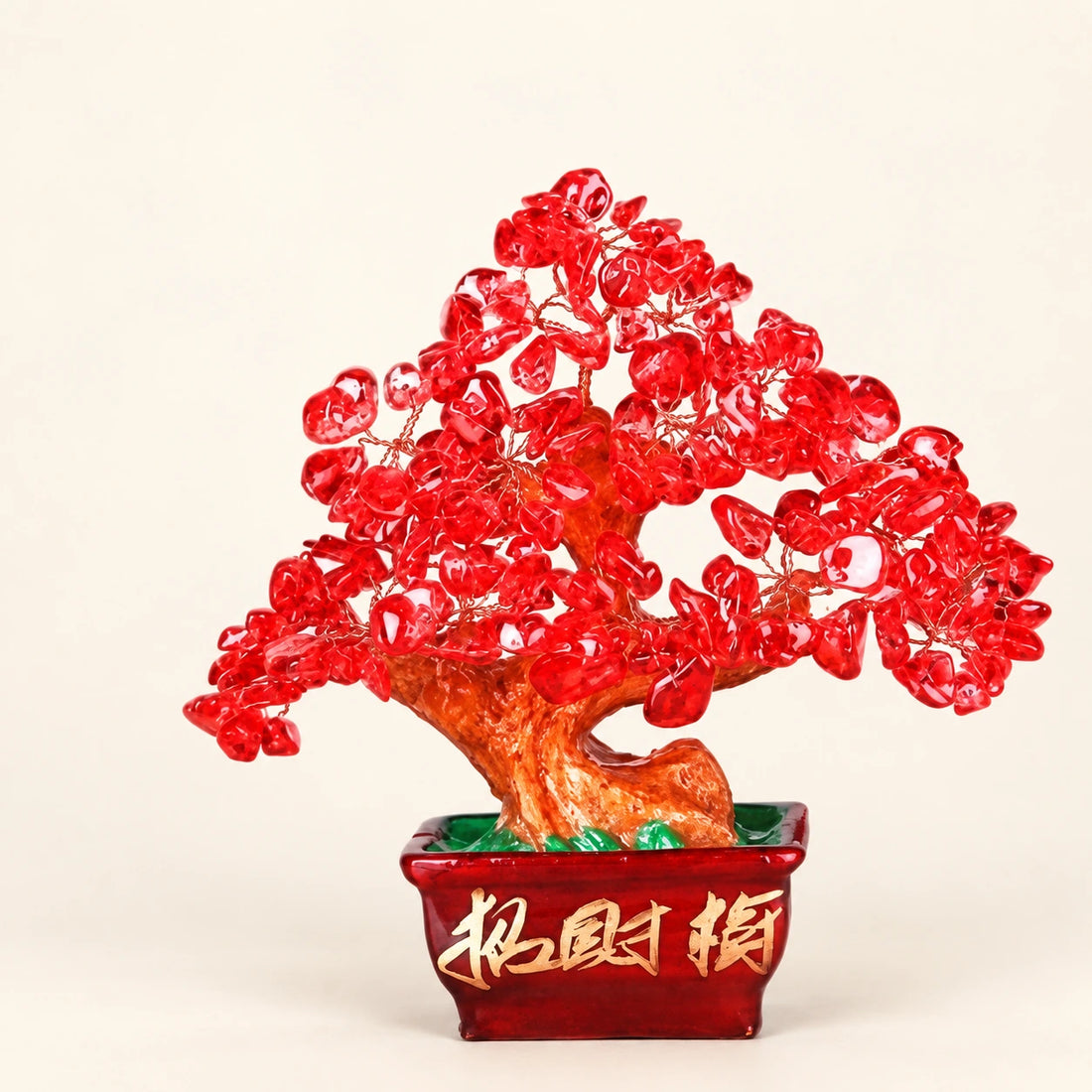 Red Agate Bonsai Crystal Tree on a soft ivory background; view 1.