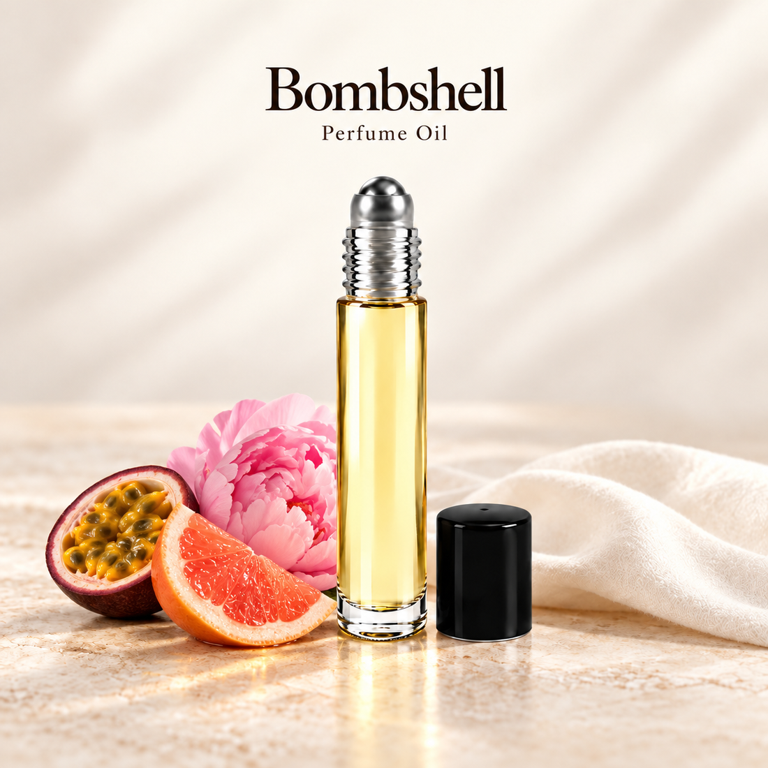 Victoria's Secret Bombshell Perfume Oil with simple scent note accents on soft ivory