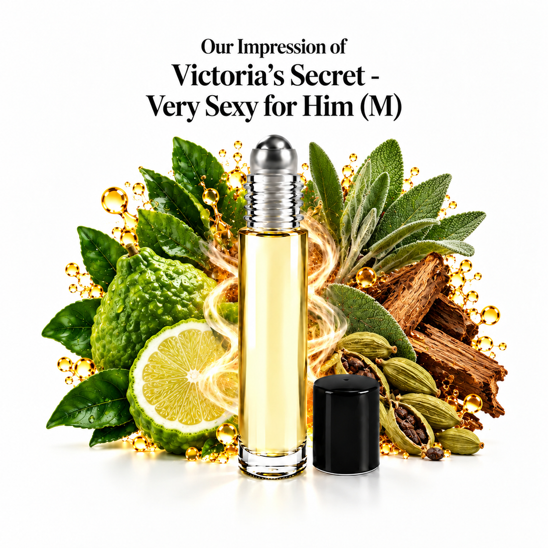 Victoria’s Secret Very Sexy for Him Perfume Oil roll-on with scent-note imagery