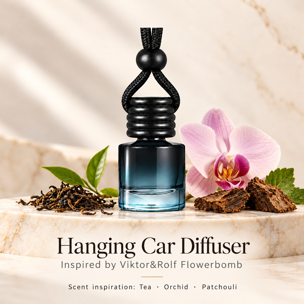 Hanging car diffuser inspired by Viktor&Rolf Flowerbomb, with scent illustrations on warm ivory stone