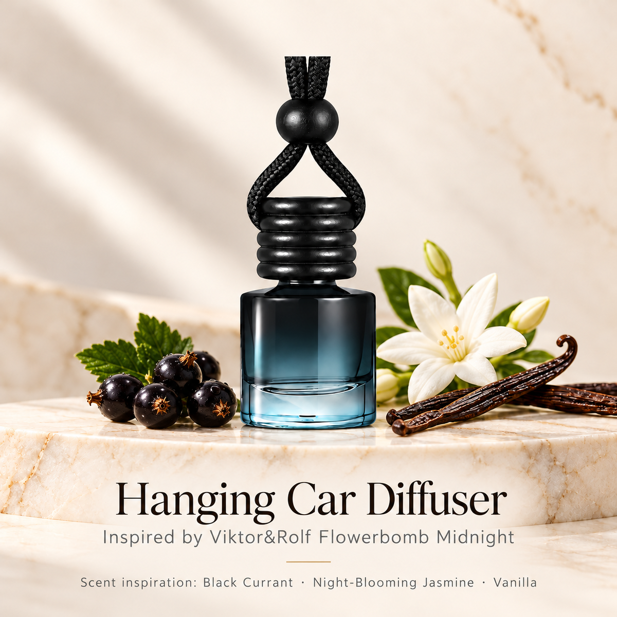 Hanging car diffuser inspired by Viktor&Rolf Flowerbomb Midnight, with scent illustrations on warm ivory stone