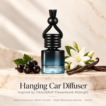 Hanging car diffuser inspired by Viktor&Rolf Flowerbomb Midnight, with scent illustrations on warm ivory stone