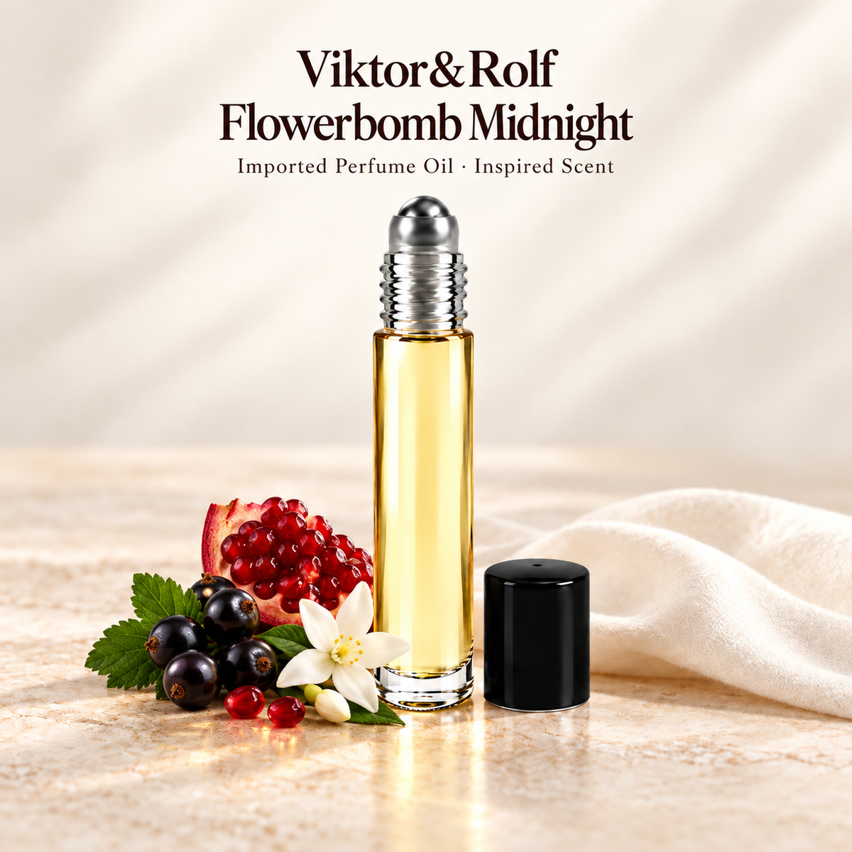 Viktor&Rolf Flowerbomb Midnight Perfume Oil with minimal scent note accents on soft ivory