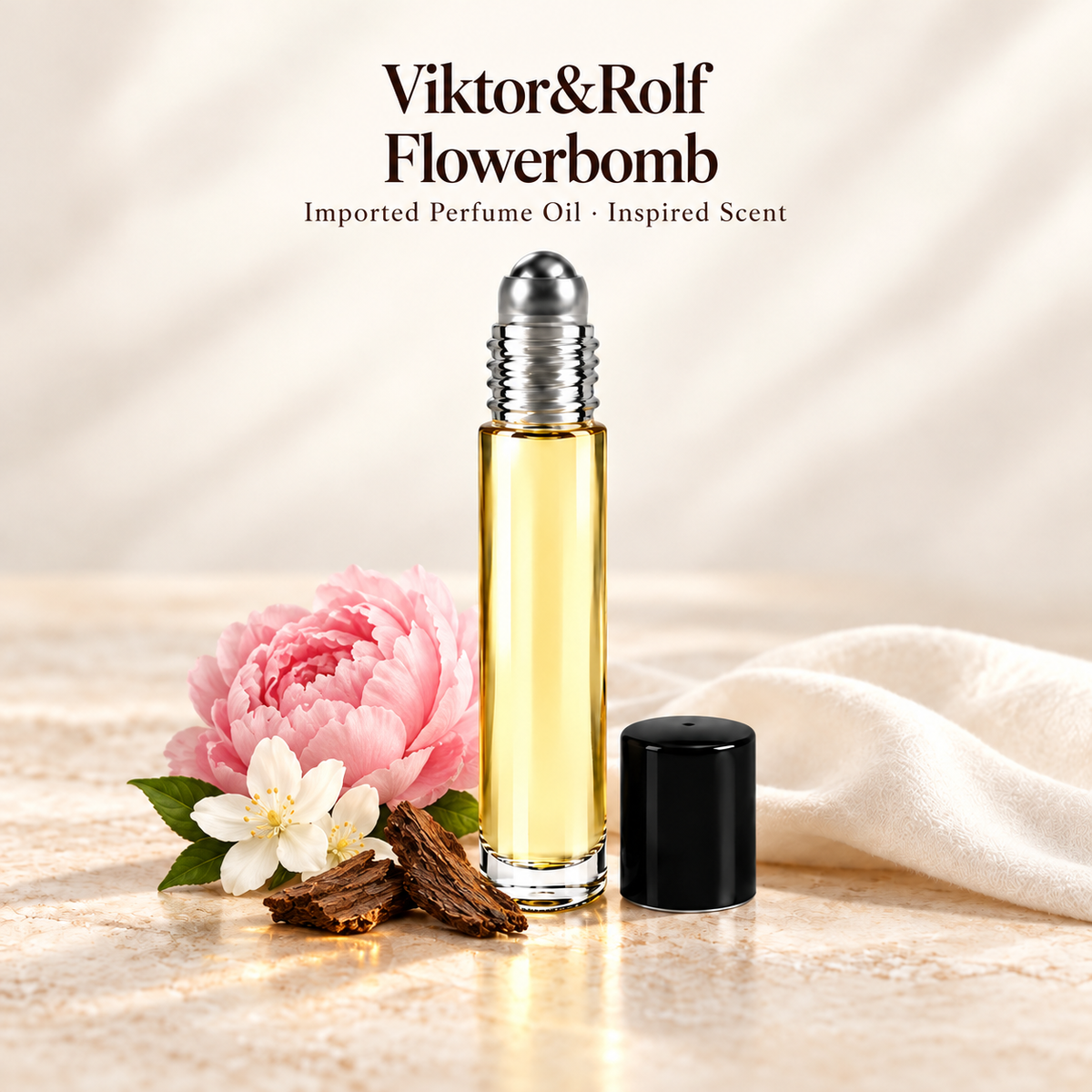 Viktor&Rolf Flowerbomb Perfume Oil with minimal scent note accents on soft ivory
