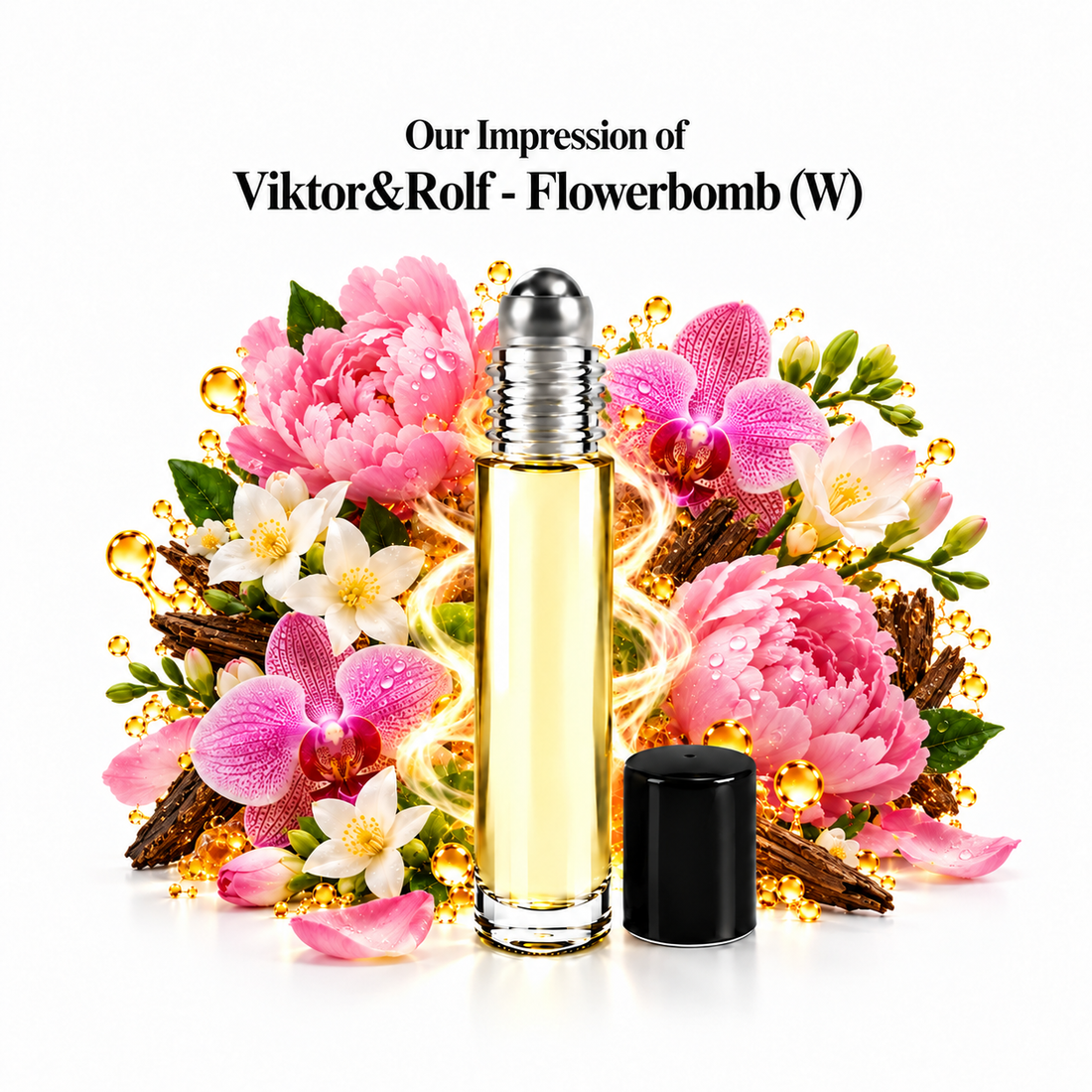Our impression of Viktor&Rolf - Flowerbomb Perfume Oil with fragrance notes on white