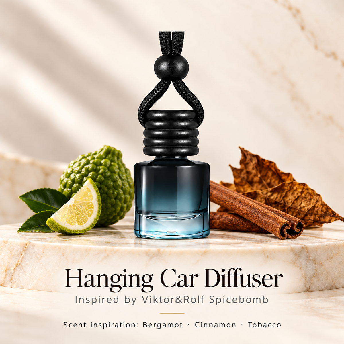 Hanging car diffuser inspired by Viktor&Rolf Spicebomb, with scent illustrations on warm ivory stone