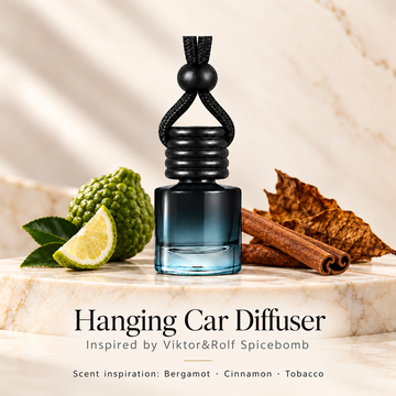 Hanging car diffuser inspired by Viktor&Rolf Spicebomb, with scent illustrations on warm ivory stone