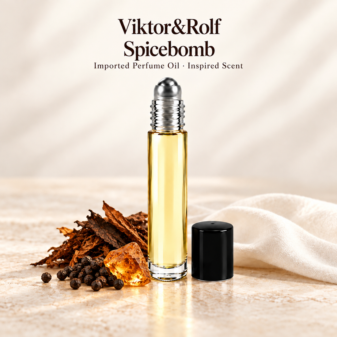 Viktor&Rolf Spicebomb Perfume Oil with minimal scent note accents on soft ivory