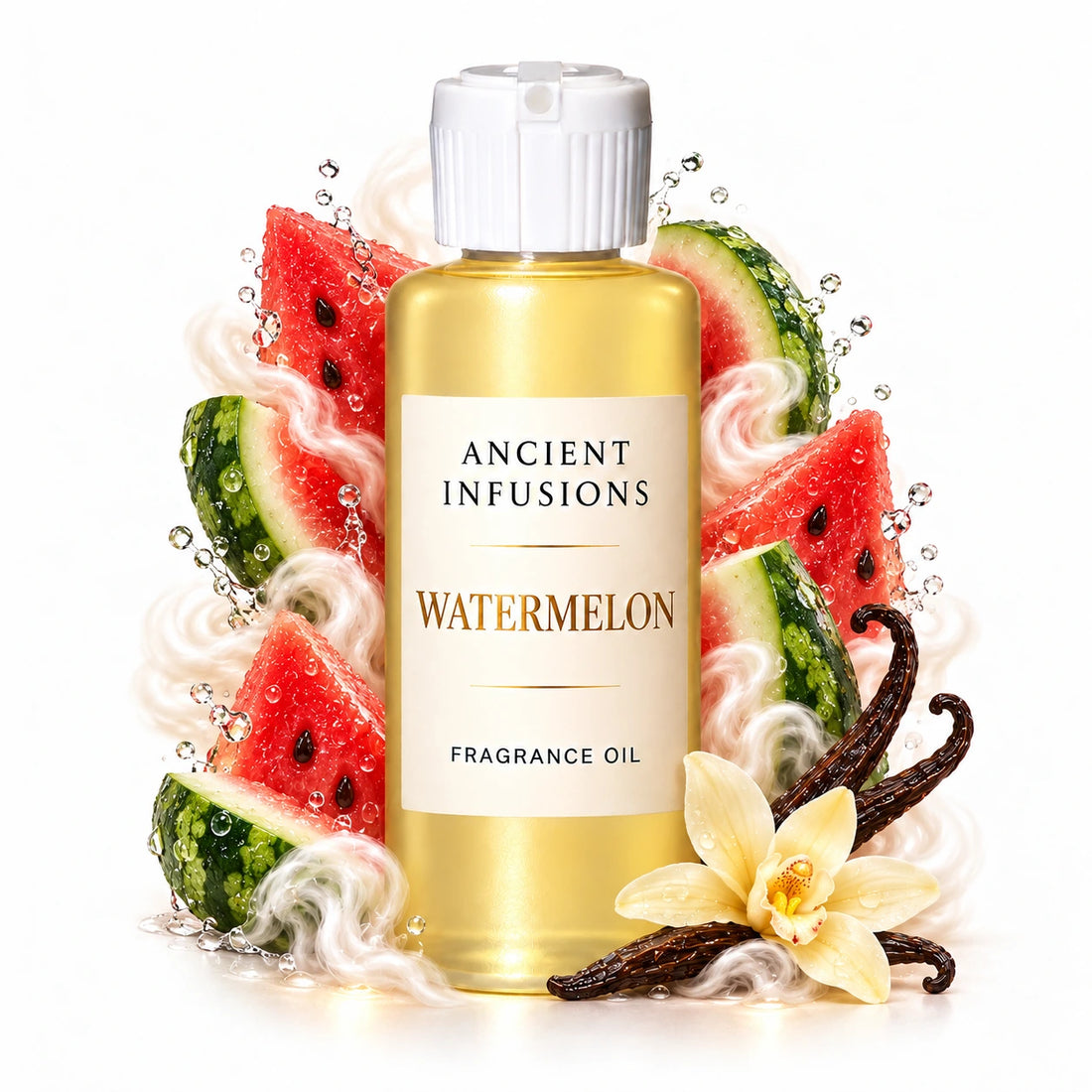 Watermelon fragrance oil by Ancient Infusions, with pale yellow oil and a tight halo representing fresh watermelon, melon rind, sweet vanilla.