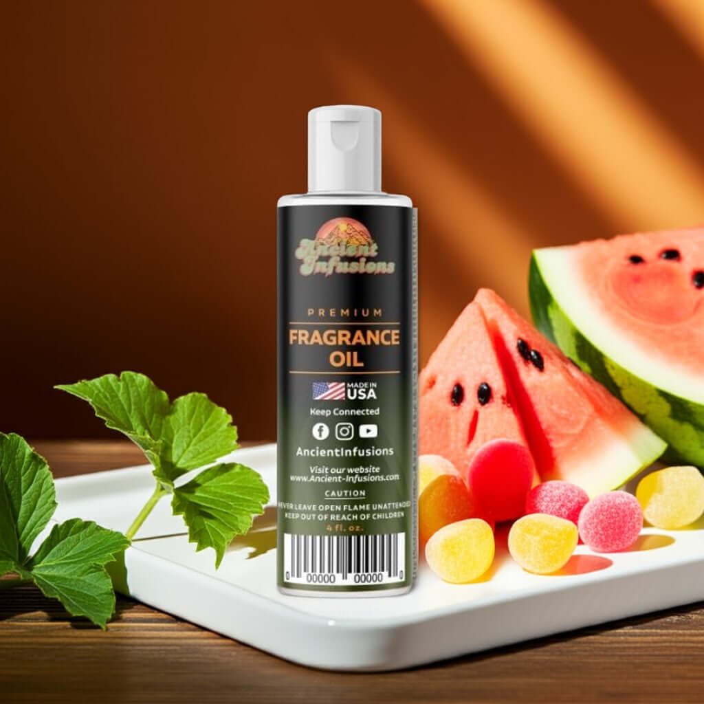 Watermelon Fragrance Oil bottle with juicy watermelon slices and candy, conveying a playful, sweet aroma for summer