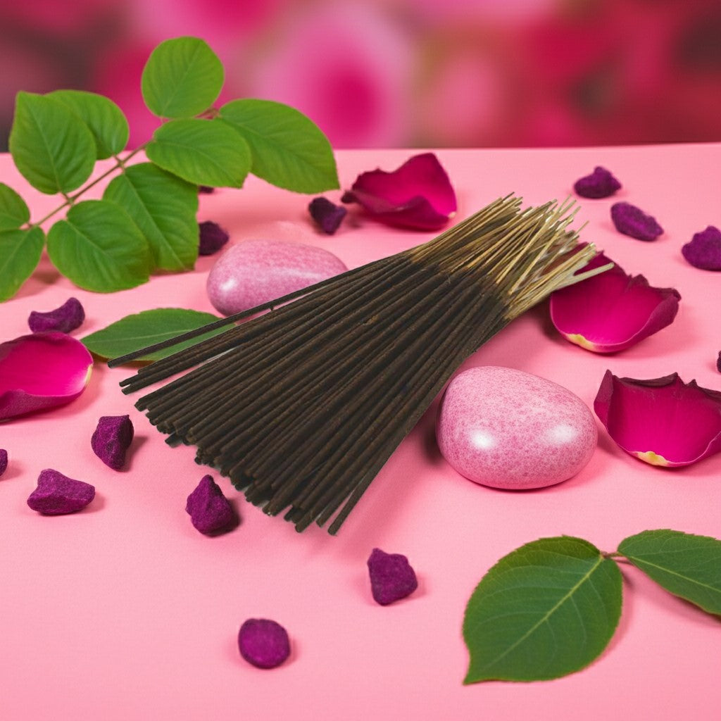 Watermelon Incense Sticks in the middle on top of a pink rock