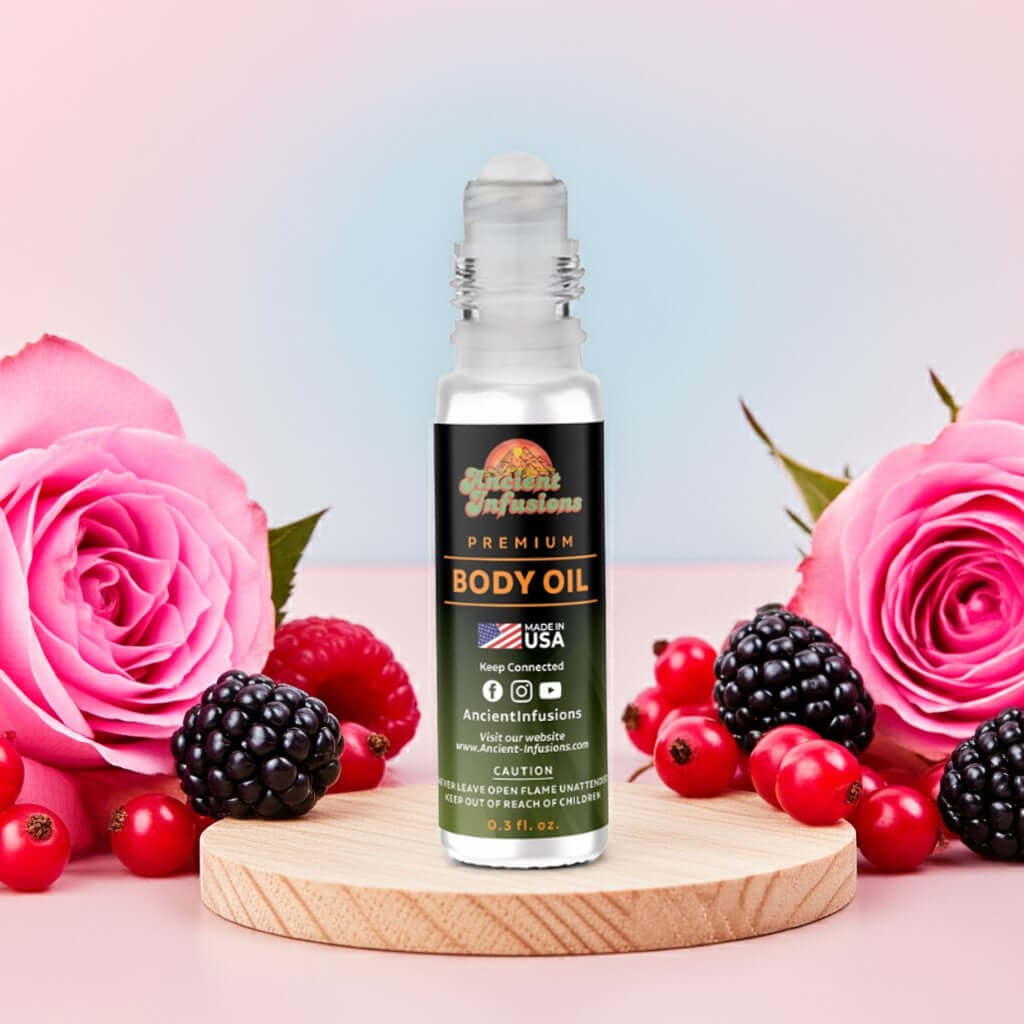 Wet Kisses body oil on white tray with berries and pink flower petals