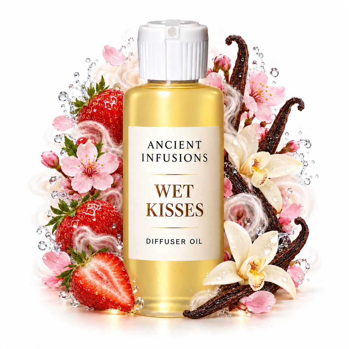 Wet Kisses Diffuser Oil by Ancient Infusions with golden oil, white cap and matching scent artwork