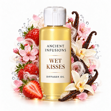 Wet Kisses Diffuser Oil by Ancient Infusions with golden oil, white cap and matching scent artwork