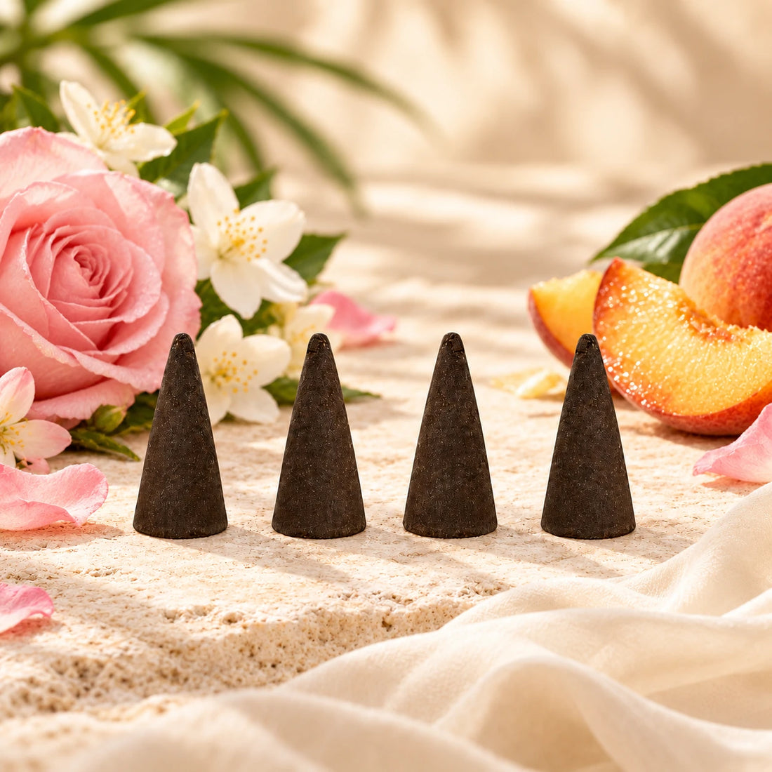 Wet Kisses Incense Cones with flowers, fruit and ivory fabric.