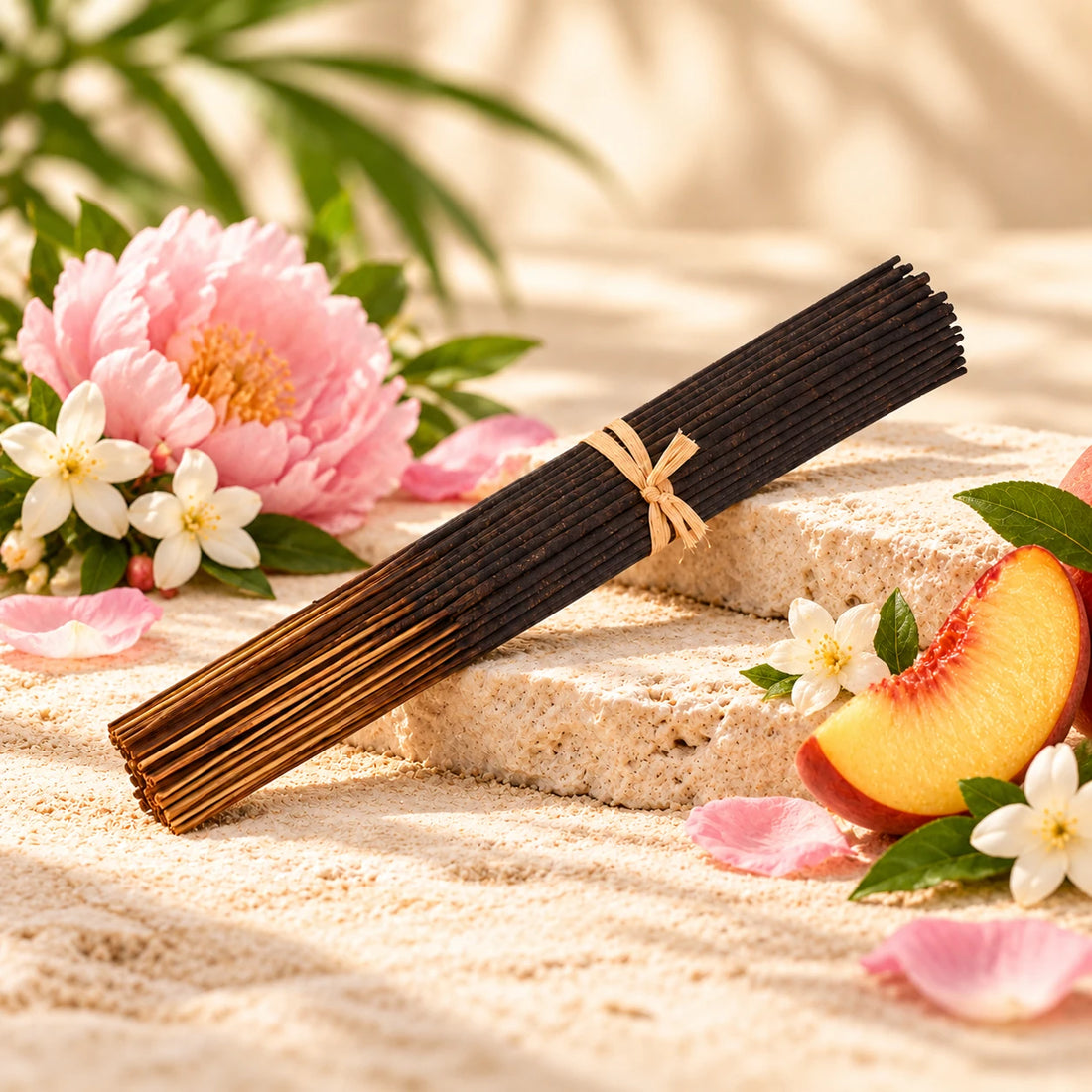 Wet Kisses incense sticks with pink flowers and peach.