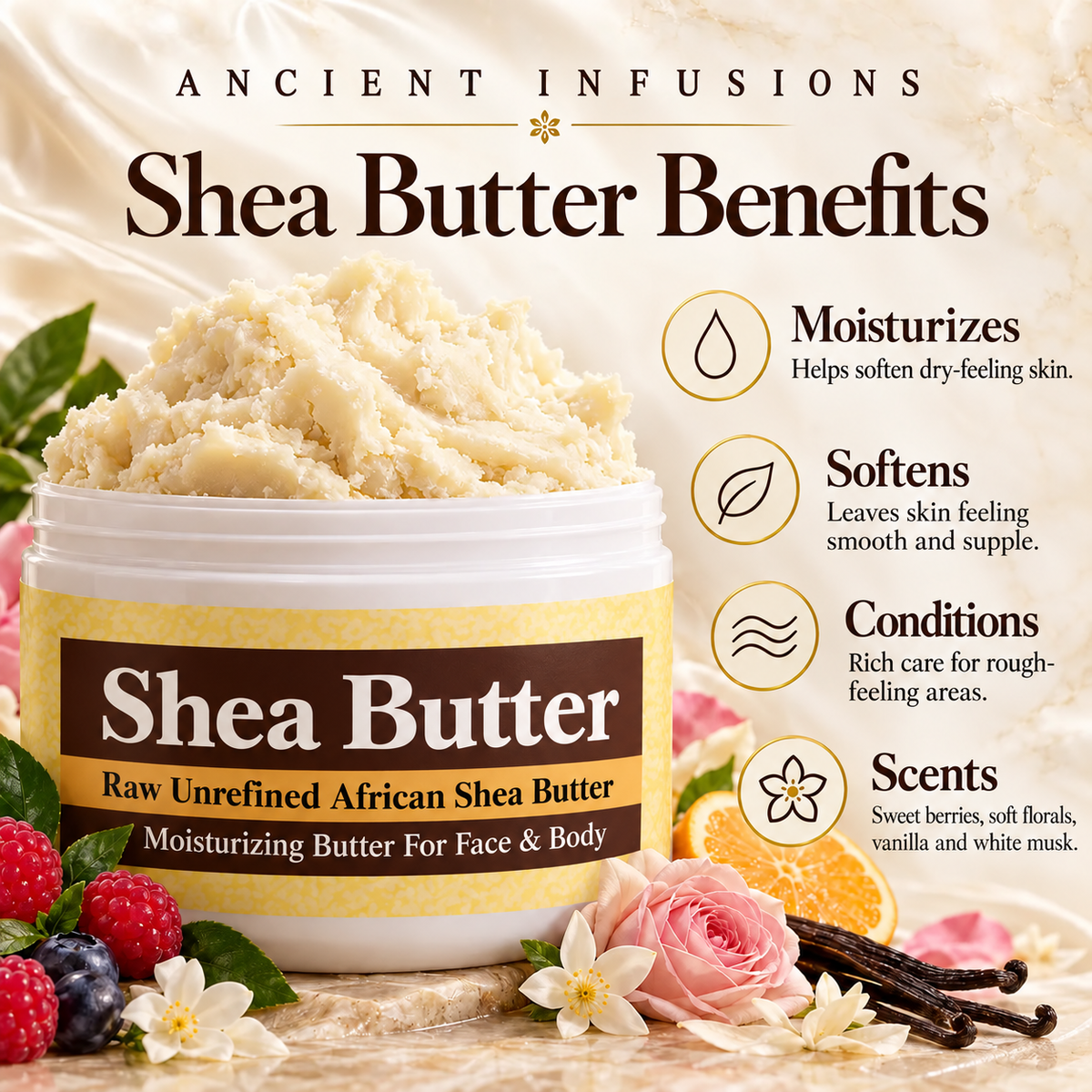 Wet Kisses shea butter benefits image with original yellow and brown master label.
