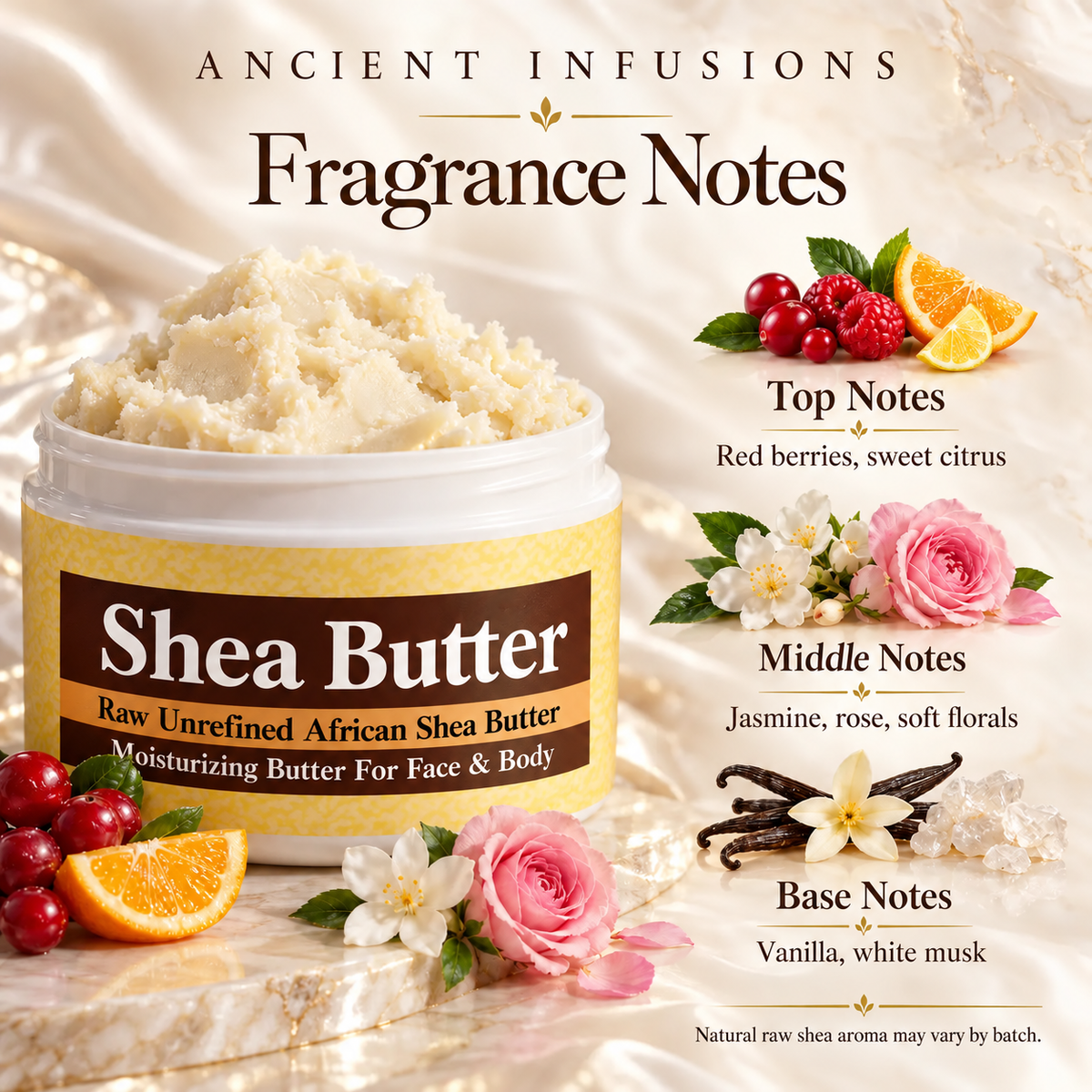 Wet Kisses shea butter fragrance notes: red berries and sweet citrus; jasmine, rose and soft florals; vanilla and white musk. Original yellow and brown jar label.