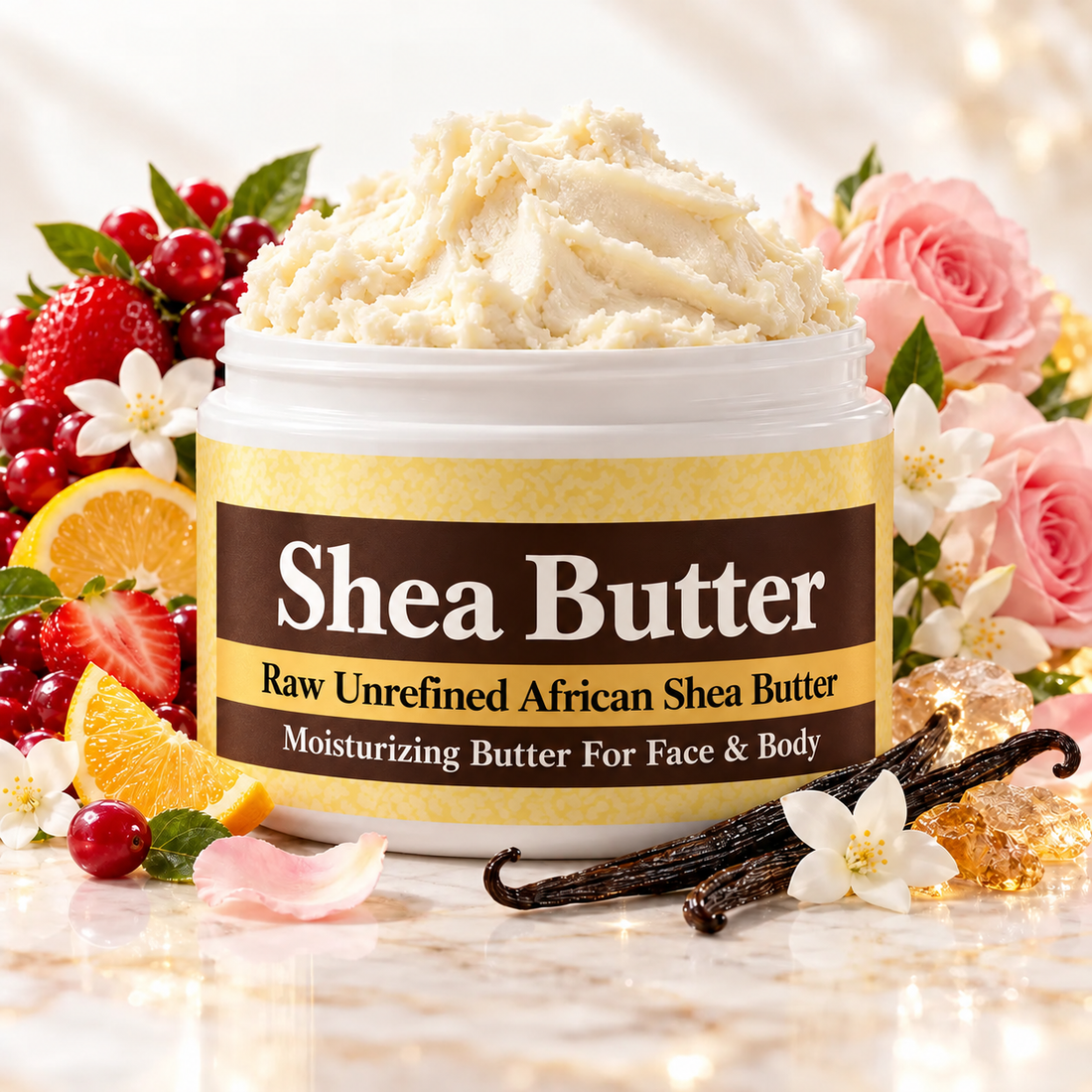 Wet Kisses Shea Butter in an open white jar with ivory shea butter, small berry, jasmine and vanilla accents on a soft cream background.