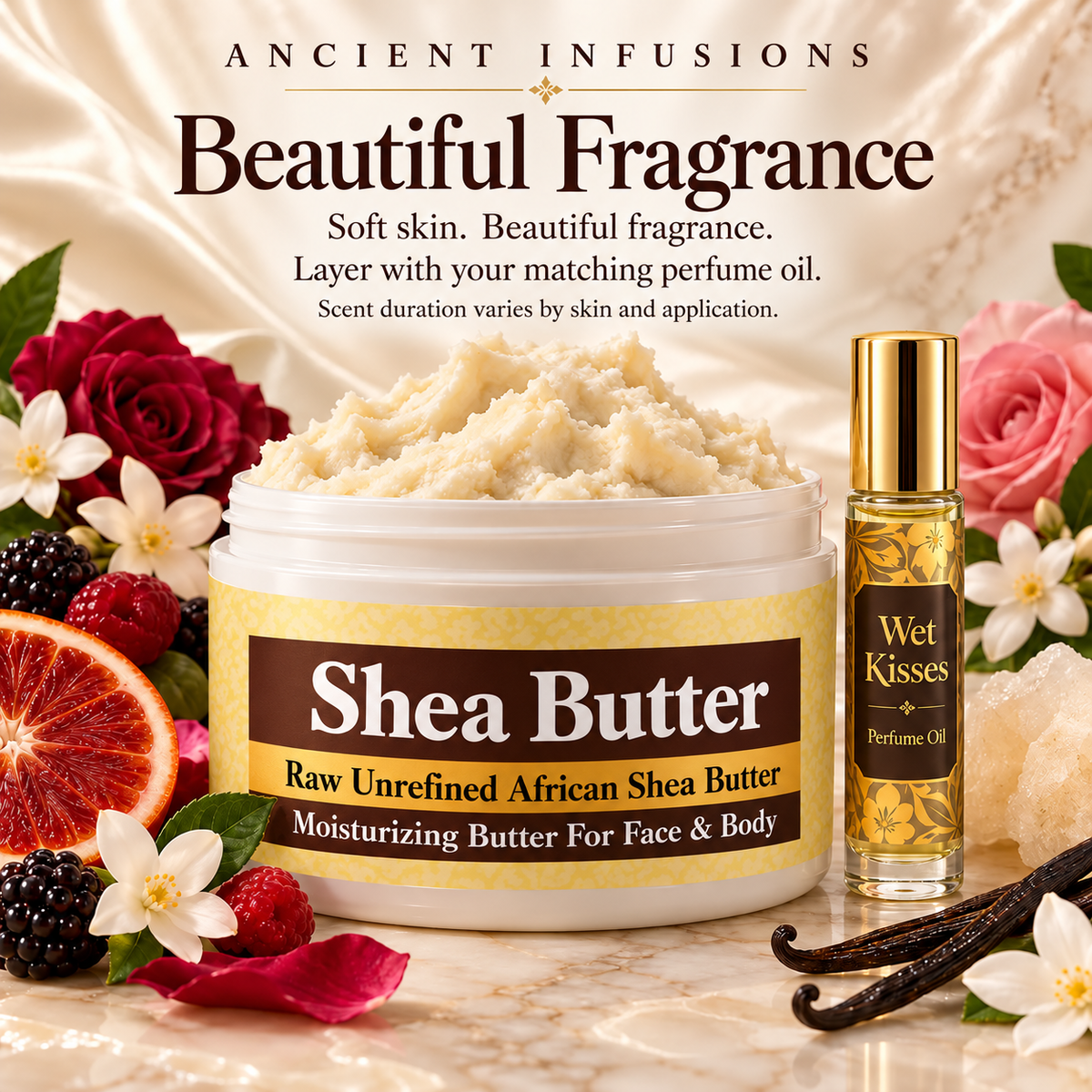 Wet Kisses shea butter layering image with original yellow and brown master label.