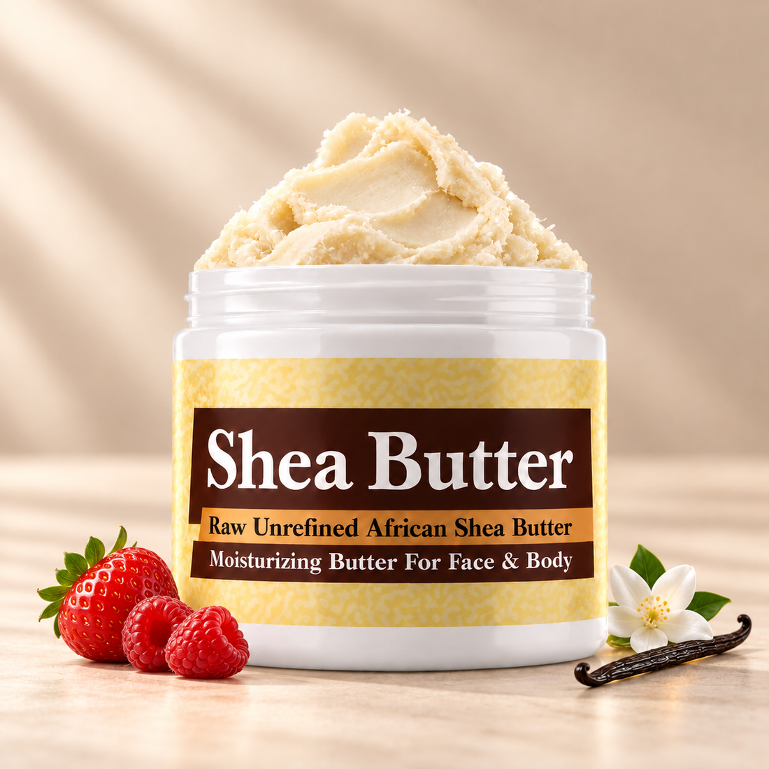 Wet Kisses Shea Butter in an open white jar with ivory shea butter, small berry, jasmine and vanilla accents on a soft cream background.