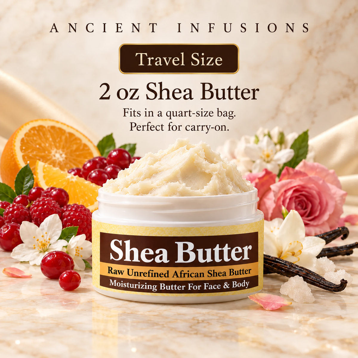 Wet Kisses shea butter travel image with original yellow and brown master label.
