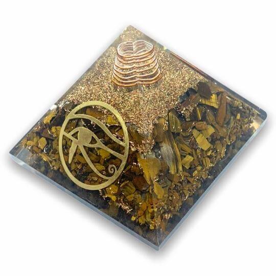 Tiger’s Eye Orgone Pyramid for confidence, protection, and energy focus.