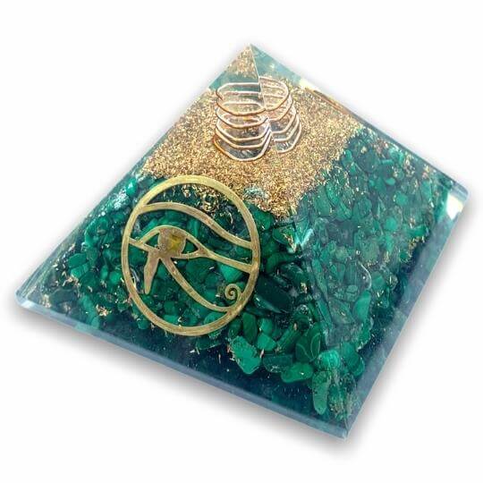 Malachite Orgone Pyramid for protection, transformation, and energy balance.