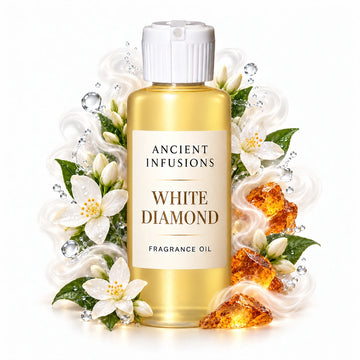 White Diamond fragrance oil by Ancient Infusions, with pale yellow oil and a tight halo representing aldehydes, jasmine, amber.