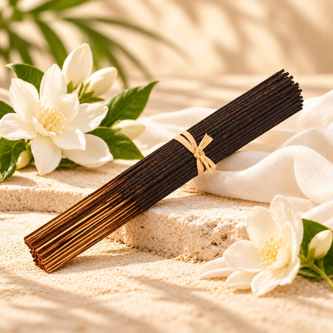 White Diamond incense sticks with white flowers and ivory fabric.