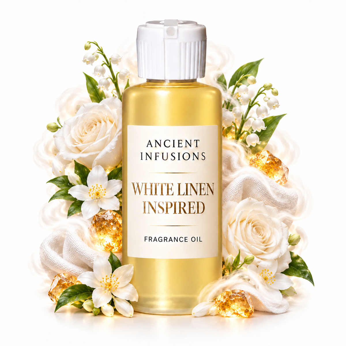 White Linen Inspired Fragrance Oil by Ancient Infusions in a golden oil bottle with scent artwork