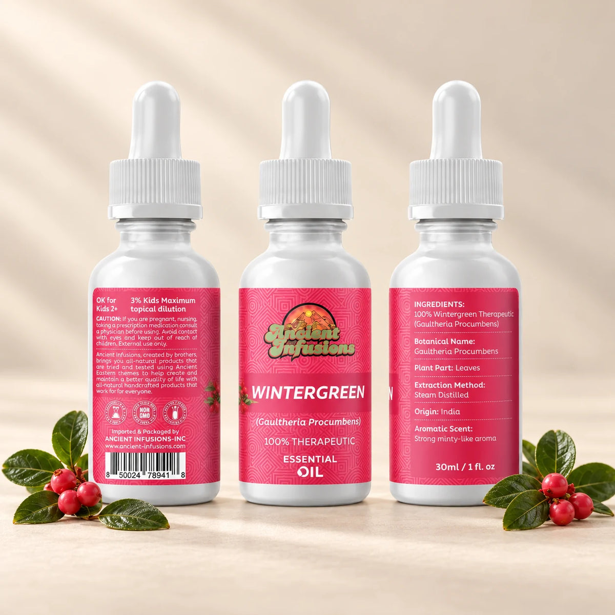 Ancient Infusions Wintergreen Essential Oil front and side label views on an ivory background.