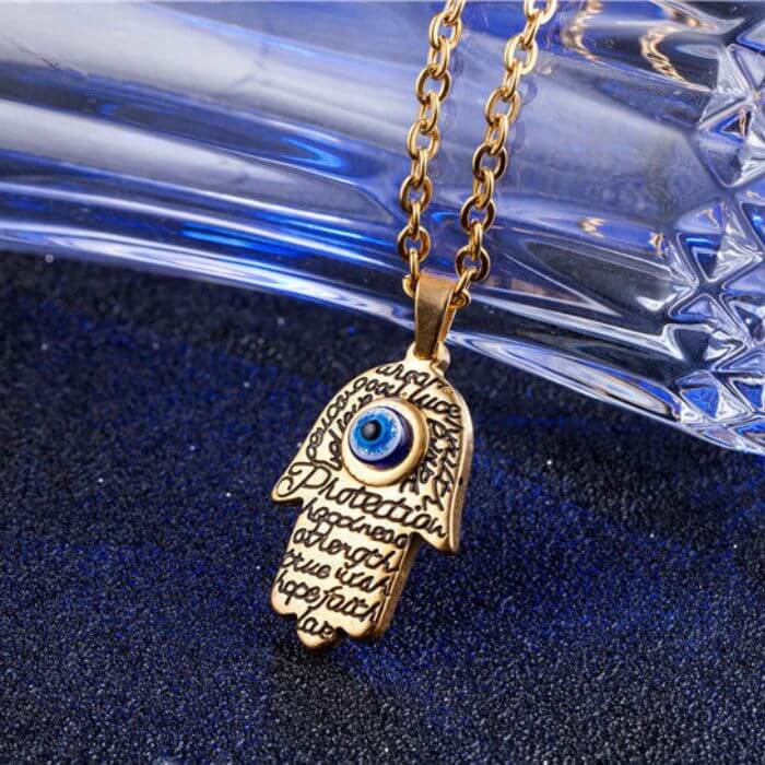 Gold and Silver Hamsa Evil Eye Pendant Necklace with Stainless Steel Chain by Ancient Infusions – Protective Spiritual Jewelry.